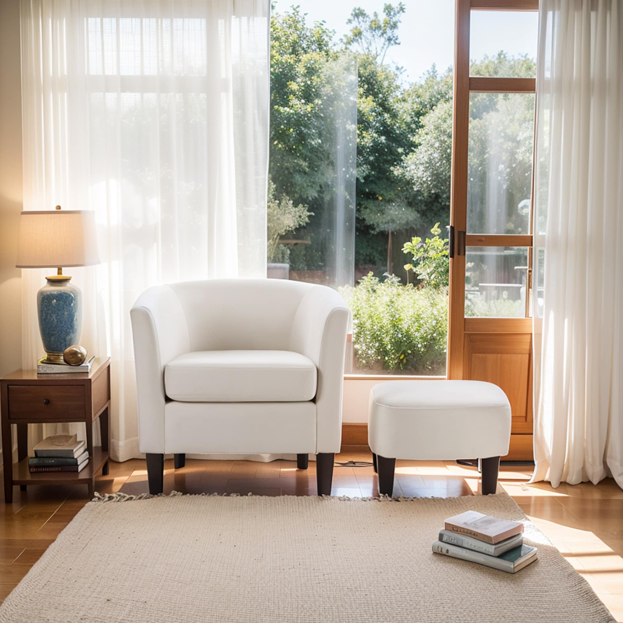 Velvet Accent Chair With Ottoman, Modern Barrel Chair Armchair For Living Room, Bedroom, White_maomaolike.com